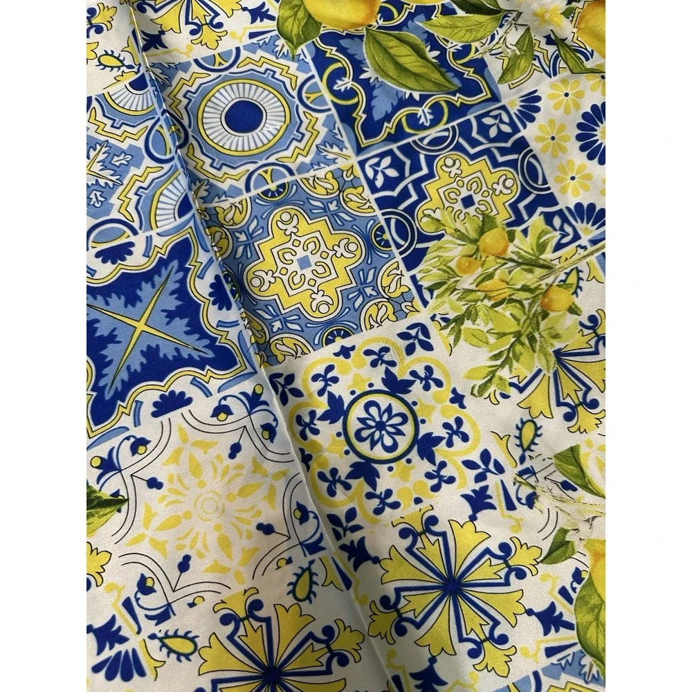 Italian Tile Lemon Print Square Scarf  Blue Yellow Amalfi Coast Satin Head Wrap